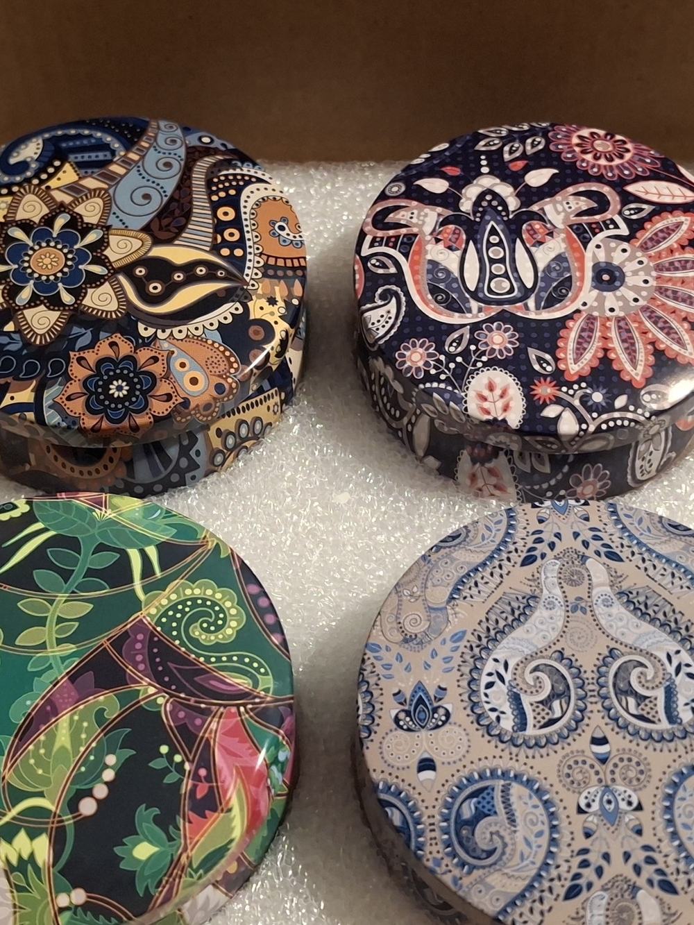 Decorative Floral Pattern Round Tin - With Scented Candle Navy, Blue, Green